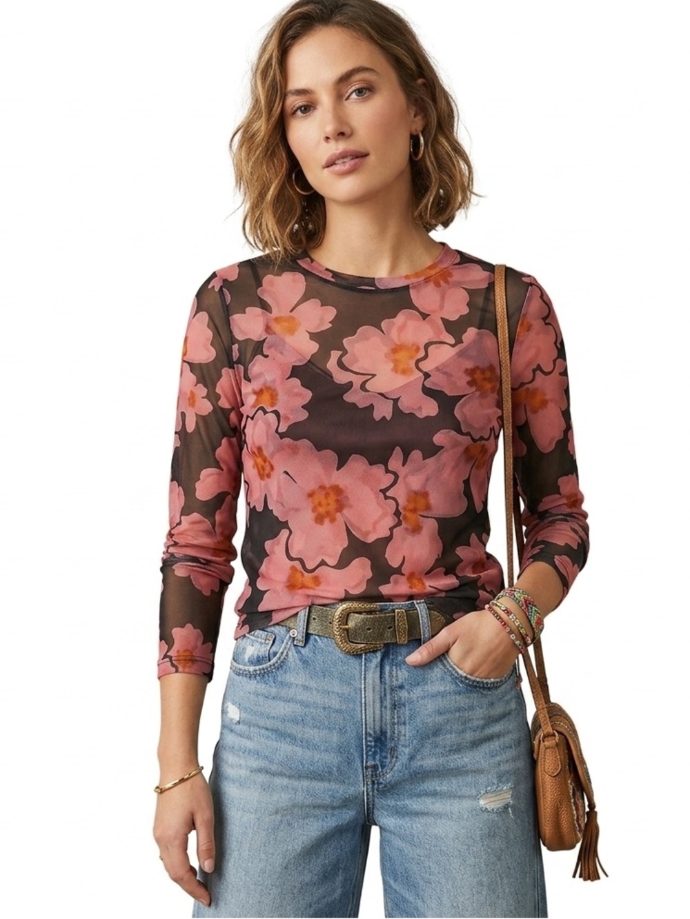 Porridge Kona Sheer Pink Brown Floral Long-Sleeve Mesh Top Sz XS Anthro